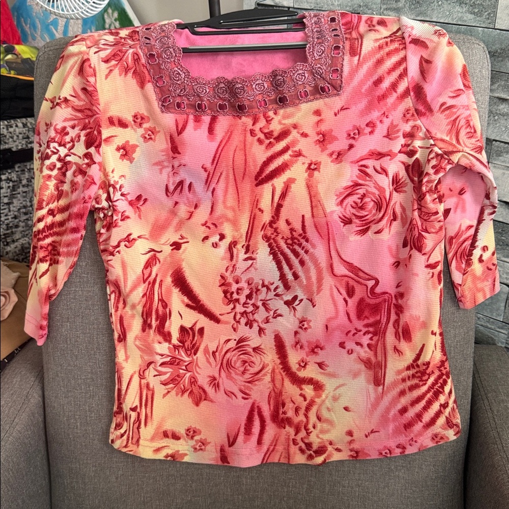 Floral Pink/red Stretch Square Neck Top